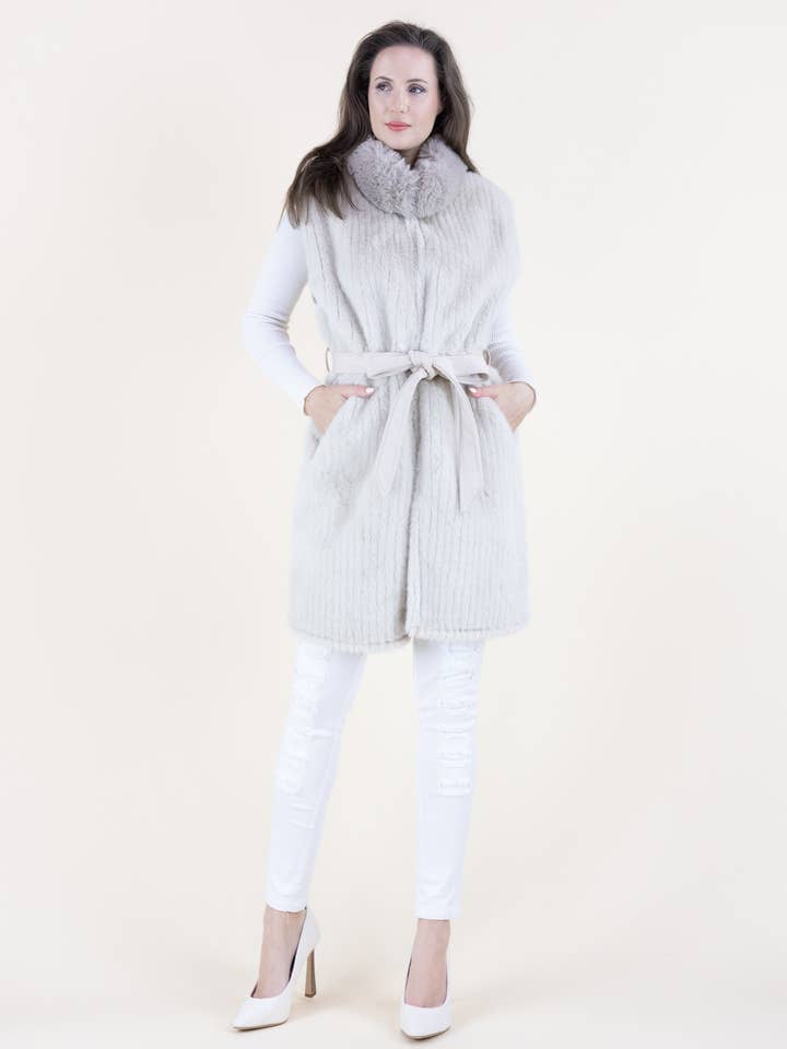 Original USA - Vente Veste sans manches – femme - Gilet ceinturé en fausse fourrure à côtes verticales1