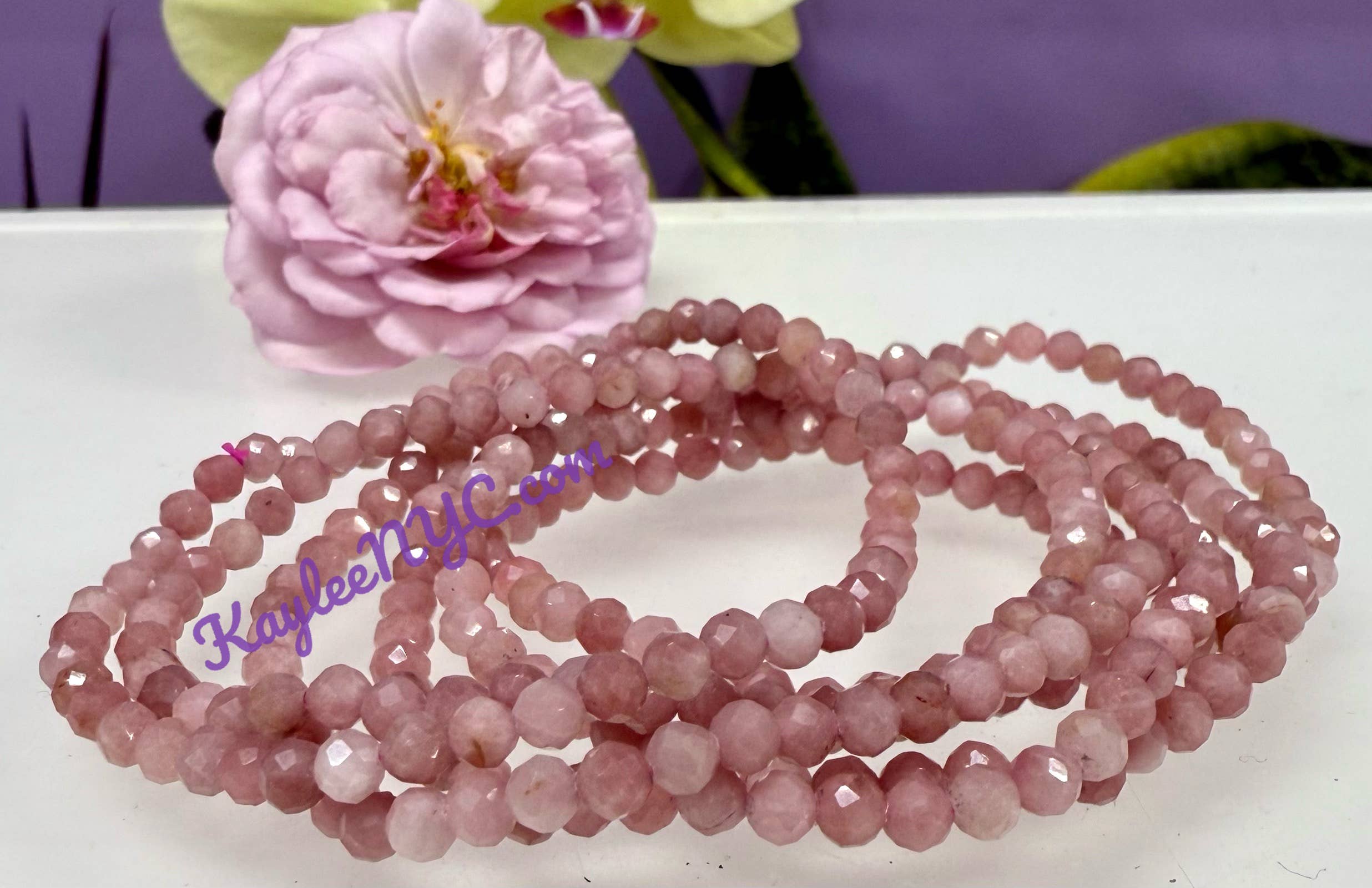 KayleeNYC - Wholesale Beaded Bracelet - Natural Pink Opal 4mm Faceted 7.5”Crystal Bracelet0