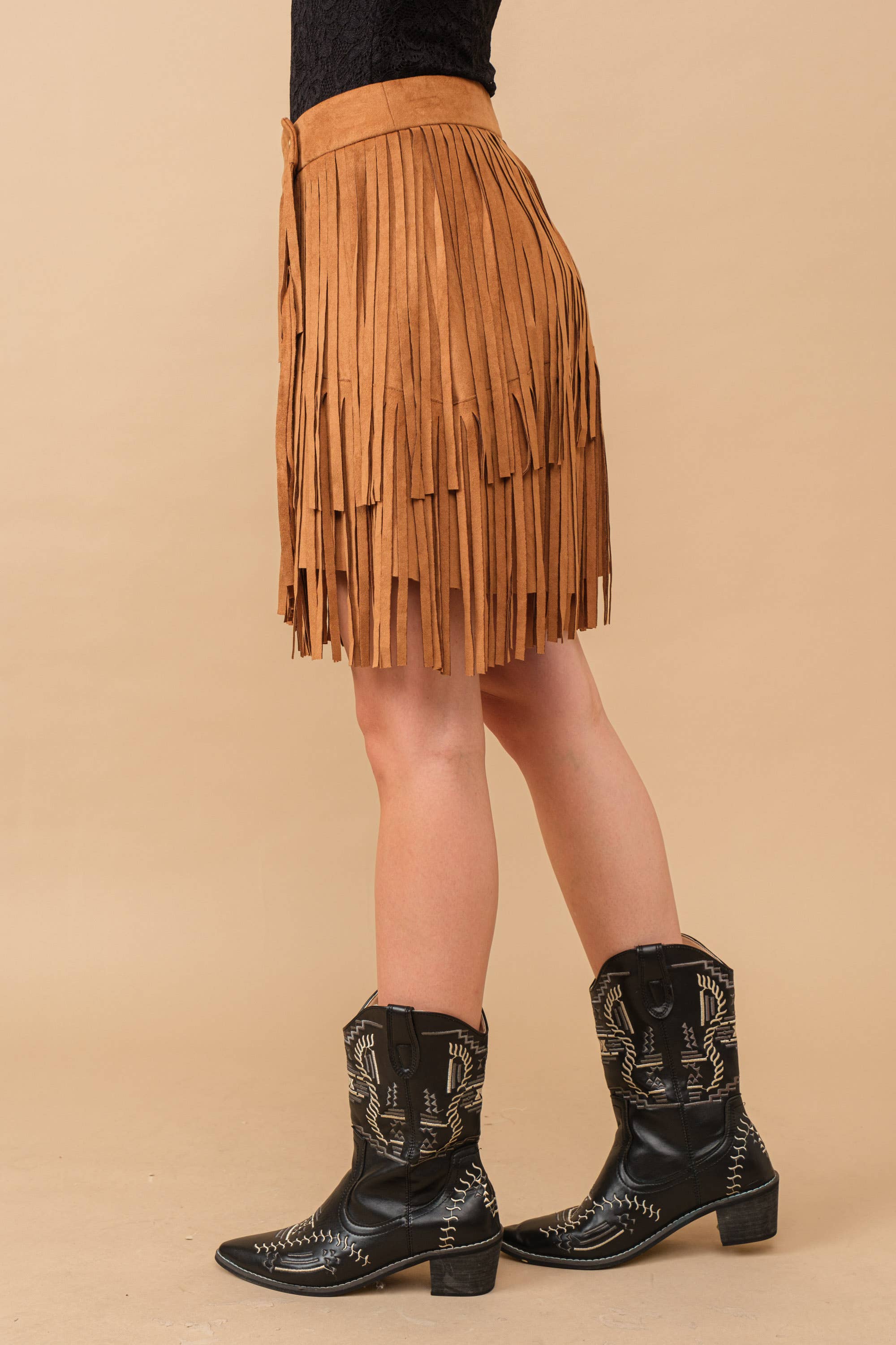 TAN 12135S-N - Faux Suede Wrap Snap Closure Fringe Western Skirt for wholesale on Faire1