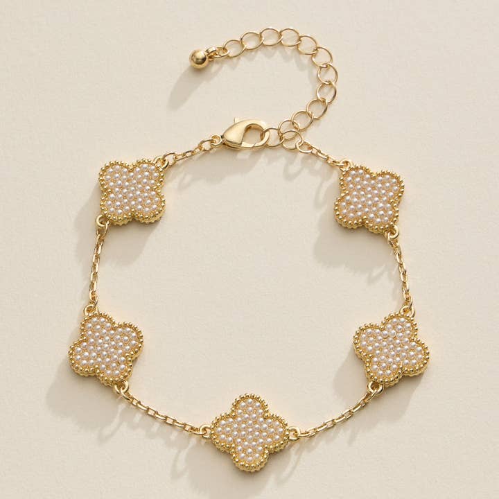 Gold Quatrefoil Shape Bracelet with Pearl Pave for wholesale on Faire