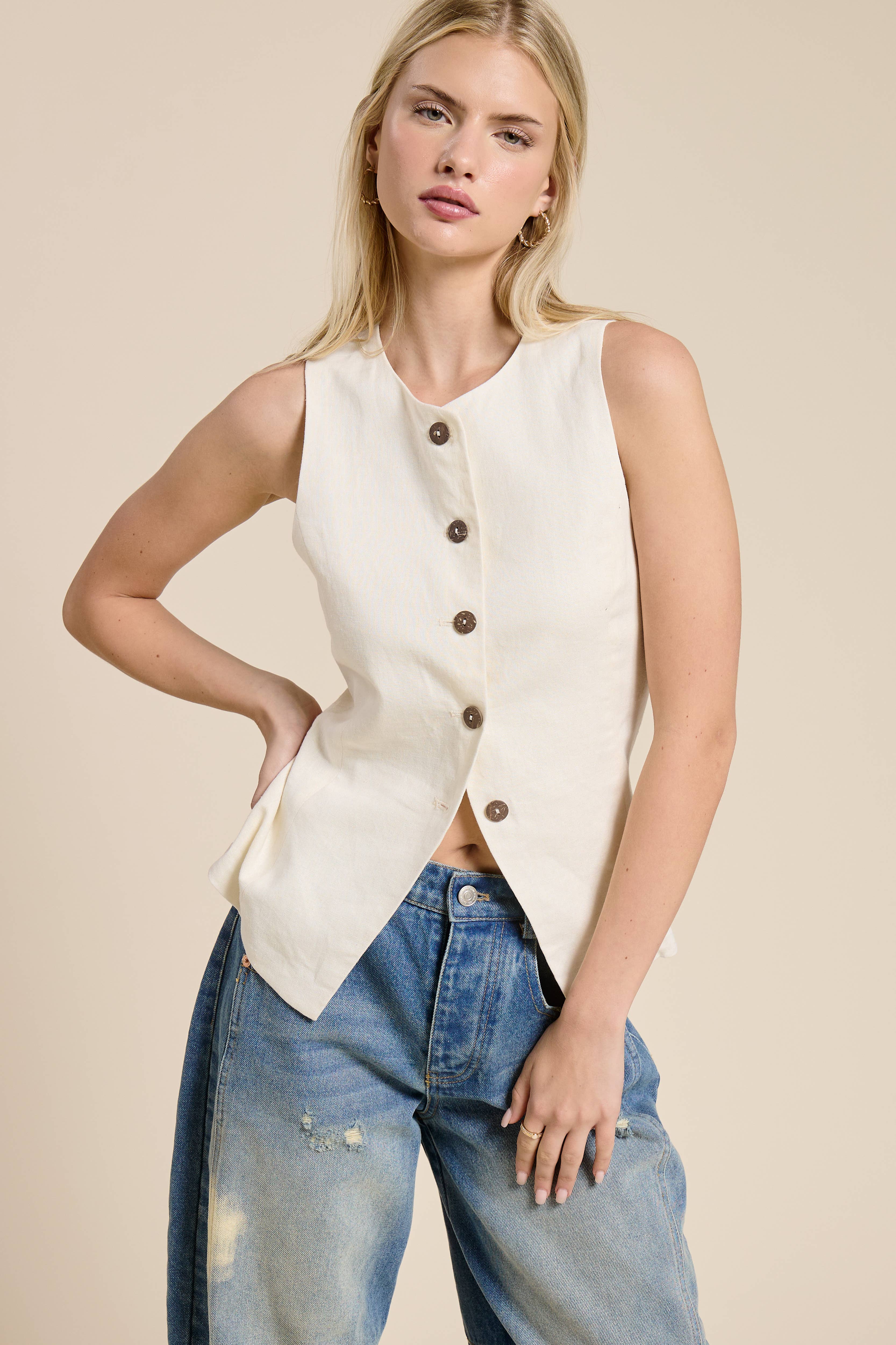 Mimosa - Wholesale Outerwear Vest - Women's - Button Down Sleeveless Round Neck Waistcoat Vest6