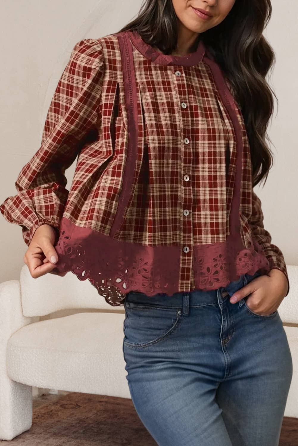 Red Dahlia Plaid Eyelet Lace Trim Loose Long Sleeve Shirt | S-XL  for wholesale on Faire0