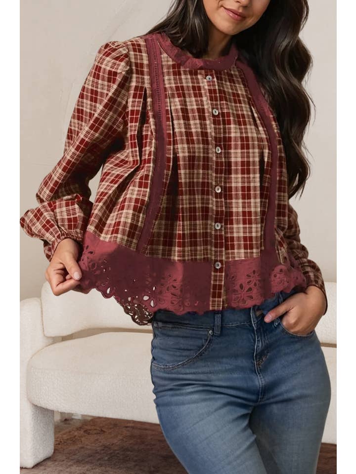 Red Dahlia Plaid Eyelet Lace Trim Loose Long Sleeve Shirt | S-XL for wholesale on Faire