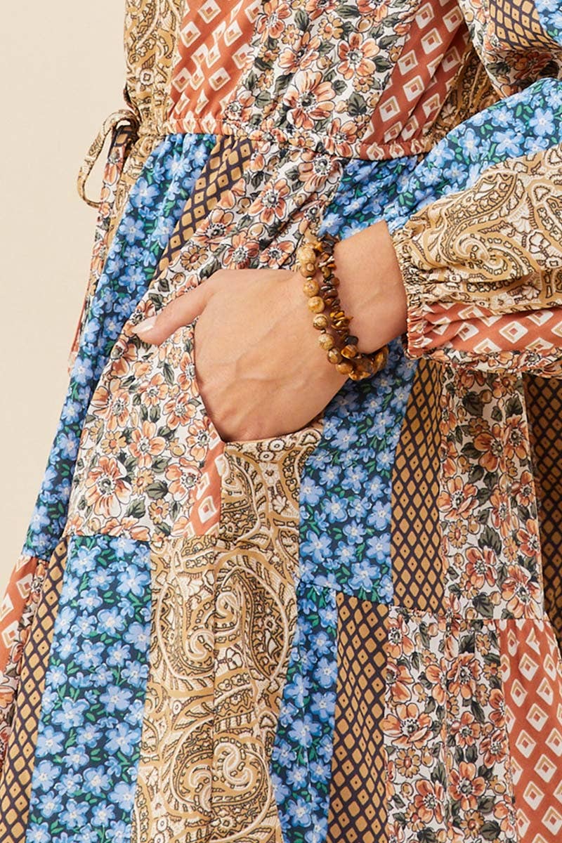 Mélange marron Robe à étages avec détails de boutons et imprimé pour femmes en vente sur Faire4