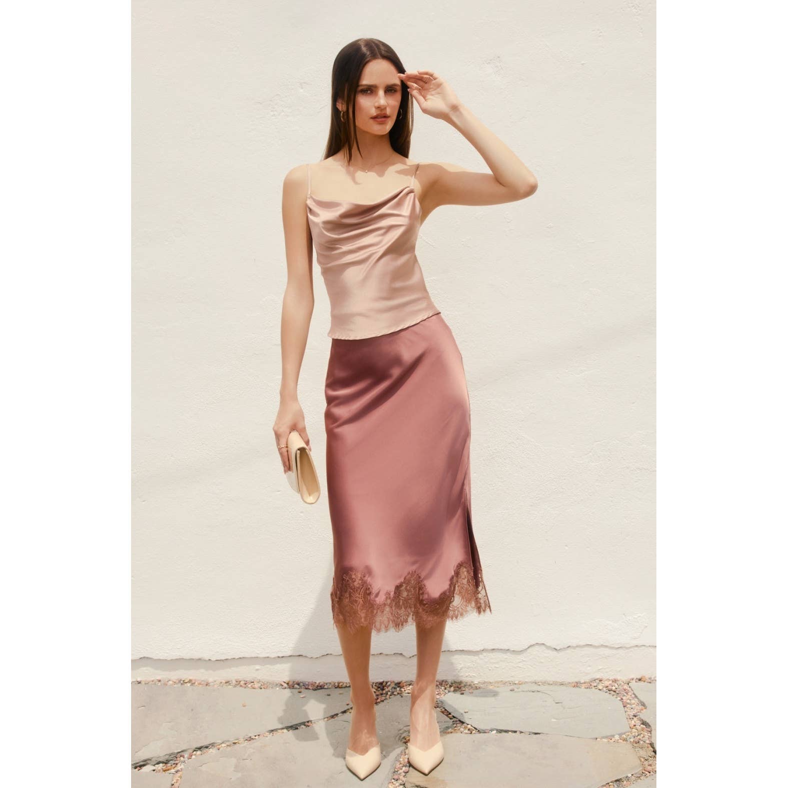 Dress Forum - Venta al por mayor Falda - Mujer - Falda lápiz de satén opaco con dobladillo de encaje (1)9