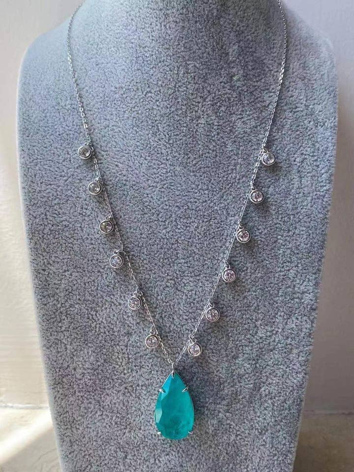 Crystal Station Necklace with Turquoise Teardrop Pendant - Silver Elegance for wholesale by By lilly Paris