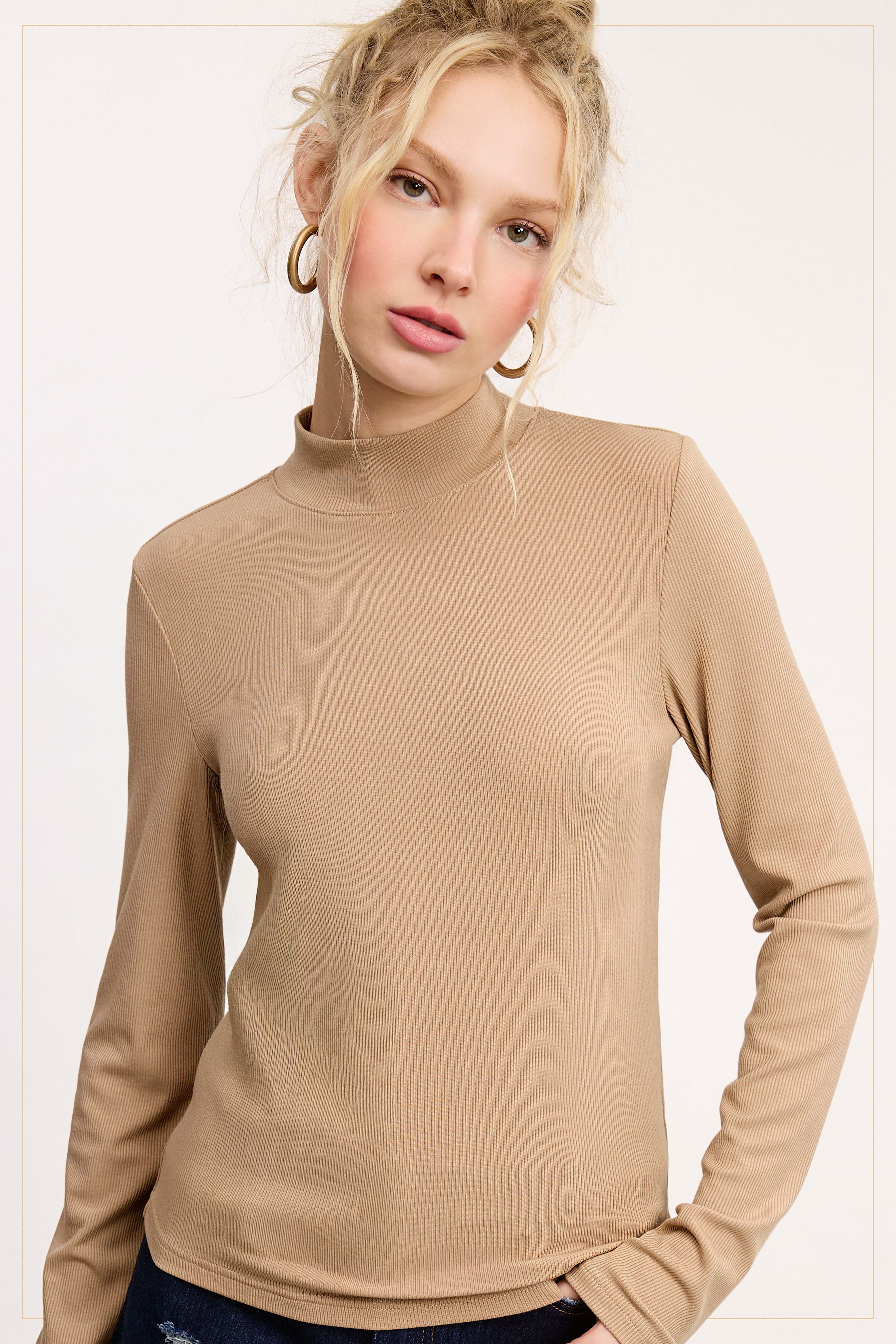 La Miel - Wholesale Gebreide top - Dames - MCT7699-Elastische geribbelde basistop met lange mouwen en ronde hals13