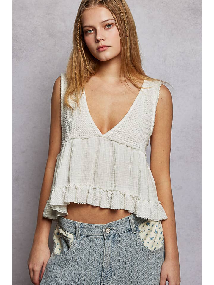 Pol Clothing - Wholesale Knit Top - Women's - Sleeveless contrast thermal cropped babydoll top SALE6