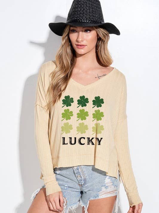 Top de manga larga con cuello en V y trébol de la suerte para venta al por mayor de MintChoco