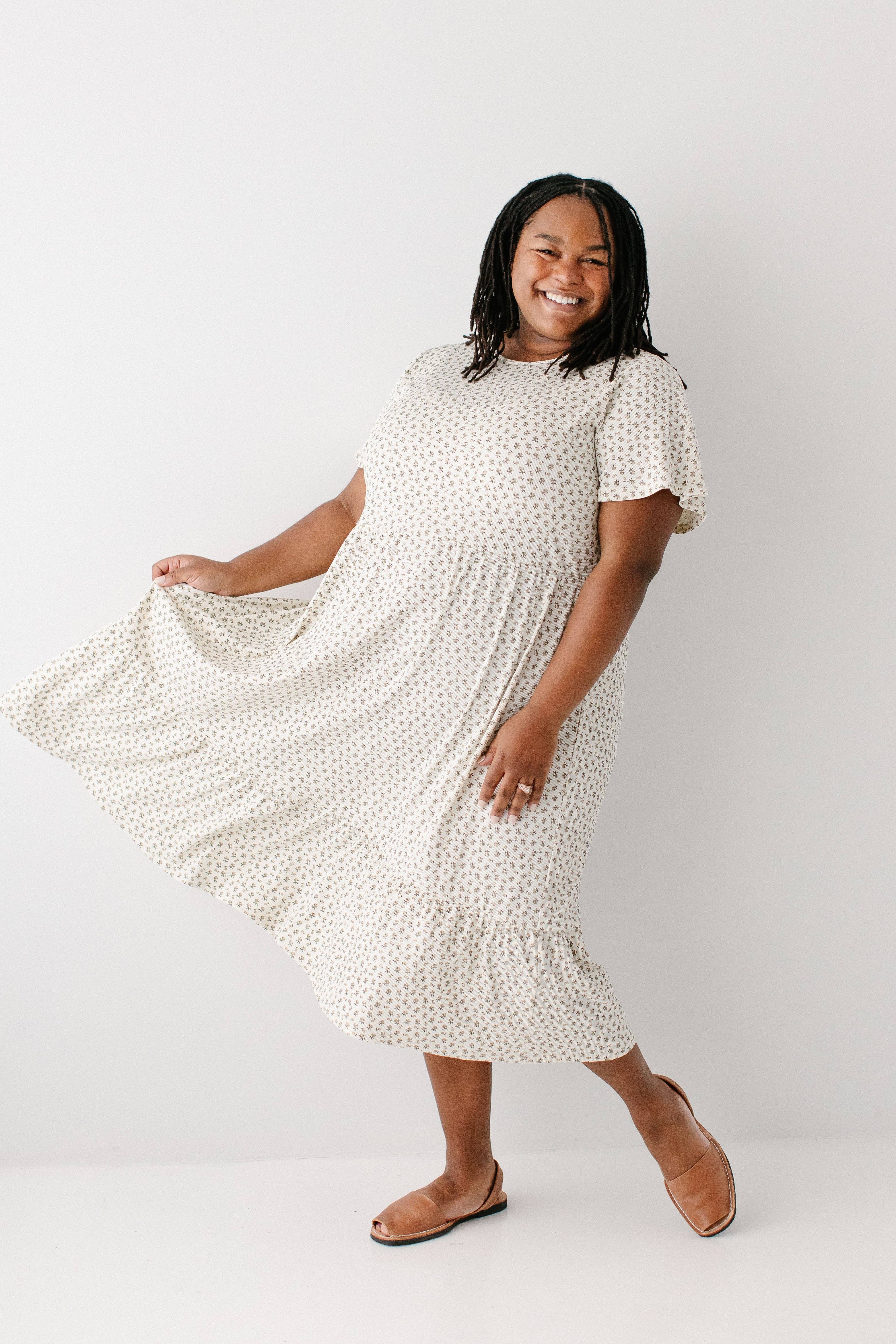 Ivory 'Shiloh' Ditsy Floral Ribbed Midi Dress for wholesale on Faire1