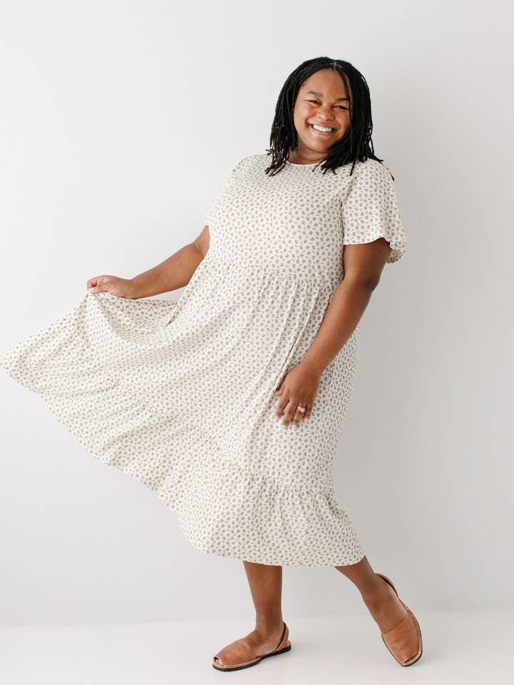 Ivory 'Shiloh' Ditsy Floral Ribbed Midi Dress for wholesale on Faire1