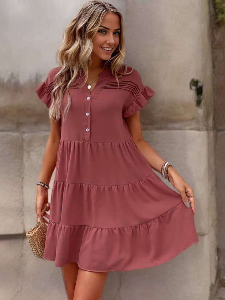 Short Sleeve Tiered Mini Dress with Ruffle Detail for wholesale by Anna Kaci Wholesale