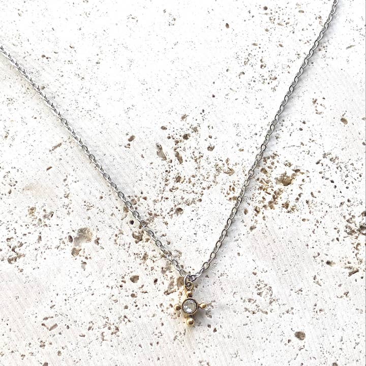 VB&CO Designs Handmade Jewelry - Wholesale Pendant/Charm Necklace - Tiny cross necklace with clear crystal religious mixed metal
