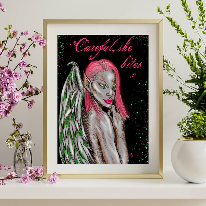 Dark Angel Art Print - Careful She Bites - A5/A4 Pink/Green for wholesale by Hannah Kate Makes