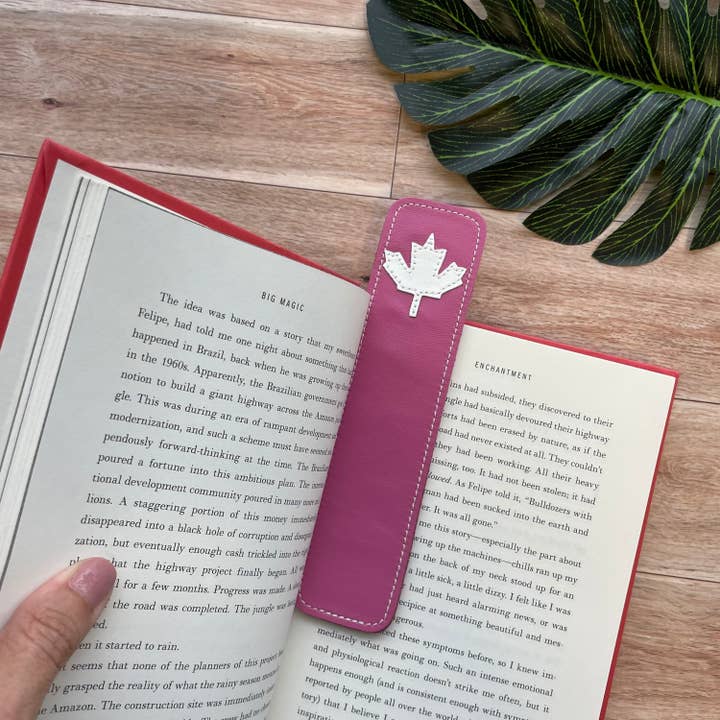 Leather Bookmark, Pink With White Canadian Maple Leaf Design for wholesale by Mally Designs