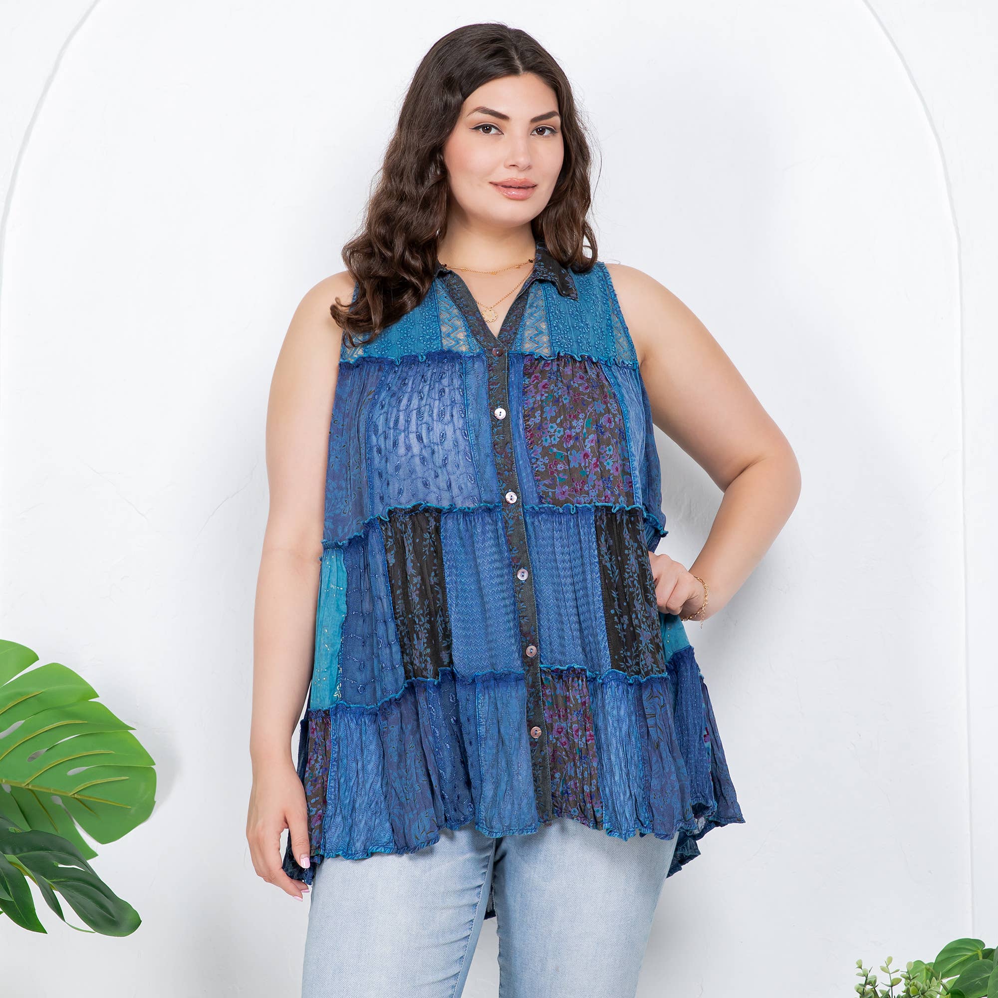 Young Threads - Wholesale Button Down Shirt - Women's - Boho Chic Nomad Patchwork Buttondown Top Sleevel (New Color)33