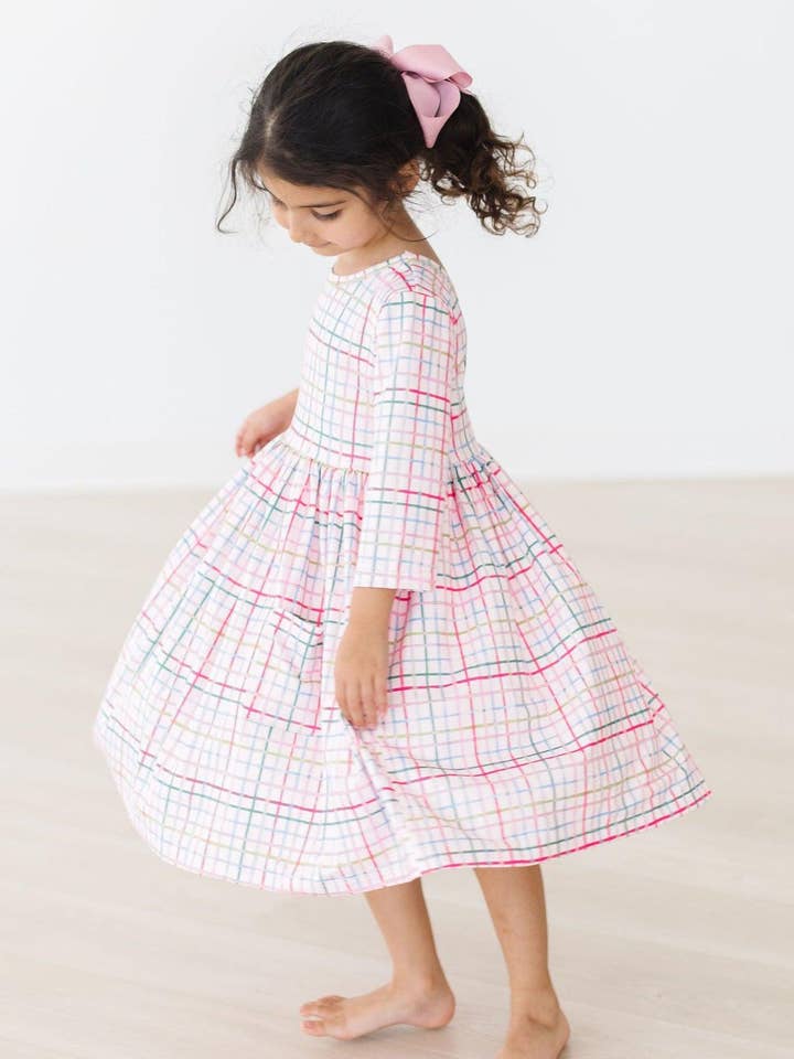 Mila & Rose - Wholesale Dress - Kids - Pink Plaid 3/4 Sleeve Pocket Twirl Dress5