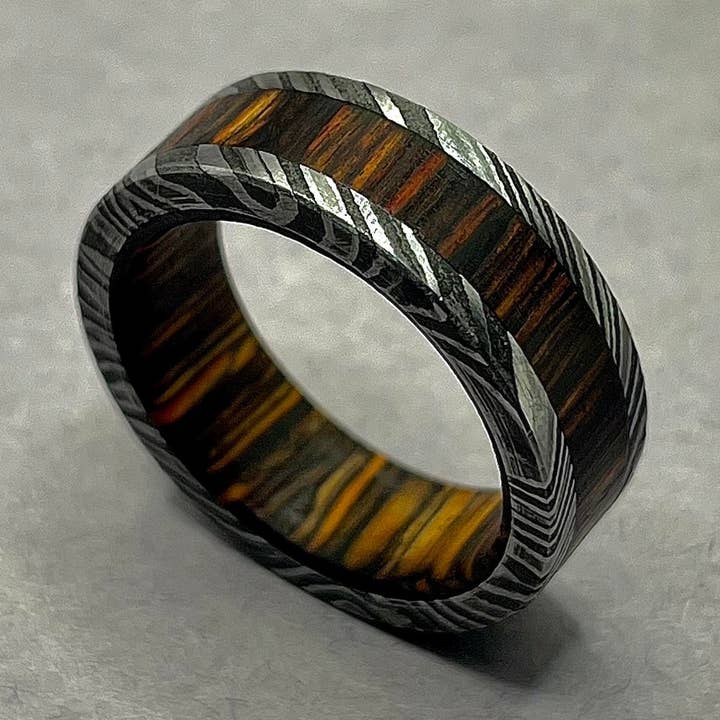 Damascus Steel Ring with Walnut Wood Sleeve & Inlay, Wood Ring, Minimalist Mens Wedding Band, Valentines Gift, Gift for Him, Engagement Ring for wholesale by RustyStudioUSA