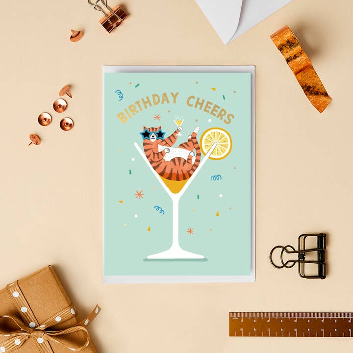 Stormy Knight – wholesale Birthday card – Cocktail Cat Birthday Card | Gold Foil Luxury Birthday Card