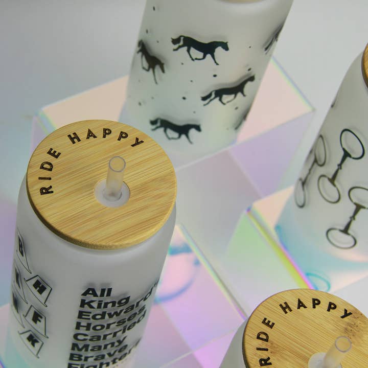 Hunt Seat Paper Co. - Wholesale Drinking glass/cup - Snaffle Bit Glass Tumbler with Bamboo Lid and Straw3