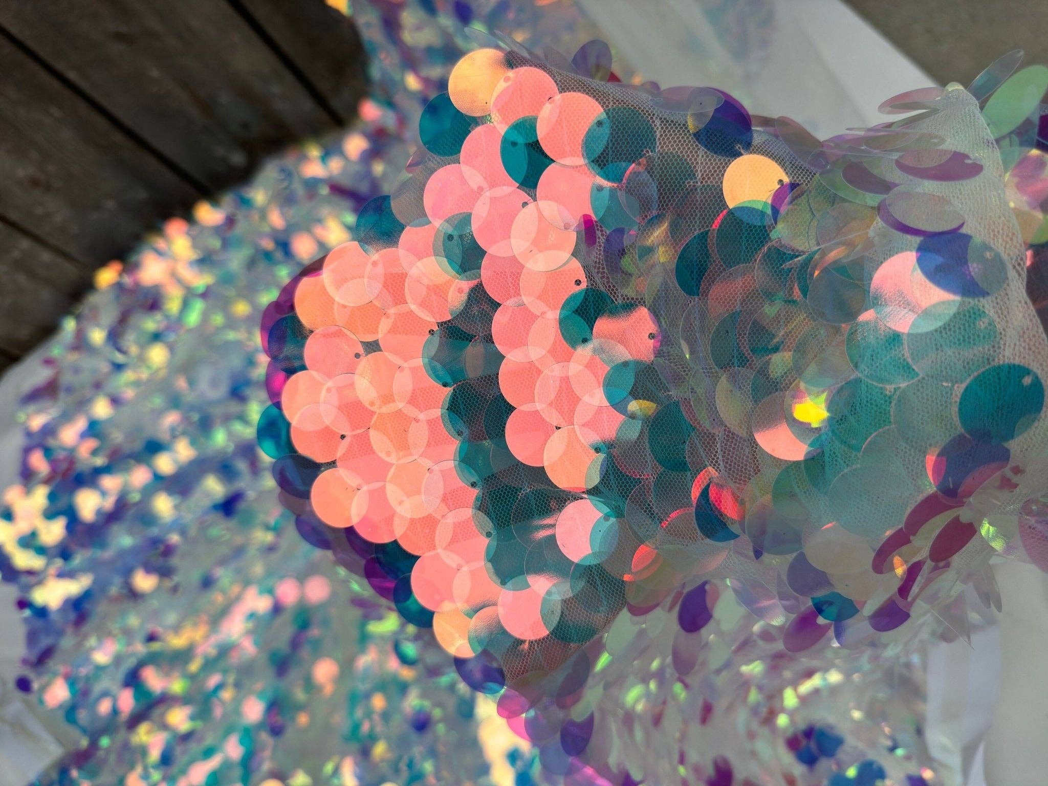 GalaTextile - Wholesale Fabric - Iridescent Coin Sequin on White Mesh Fabric by Yard Jumbo Paillette Sequins on Mesh Material for Event Decoration, Backdrops, Bridal Fabric1