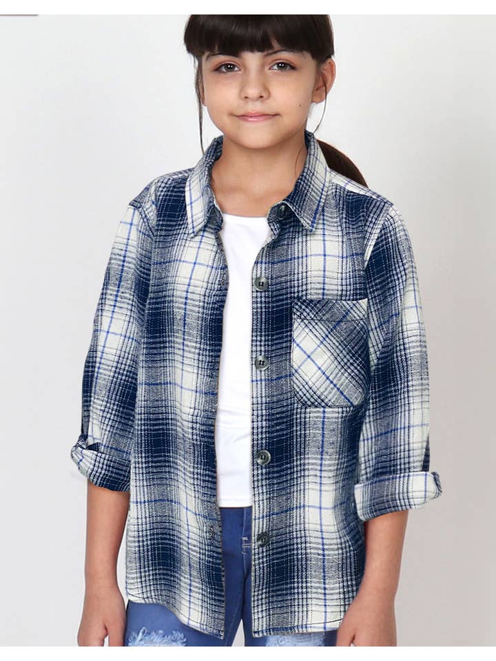 Bianco-Blu TKT-23-17005T-VI02 Camicia in flanella scozzese per bambini con una tasca in vendita all'ingrosso su Faire