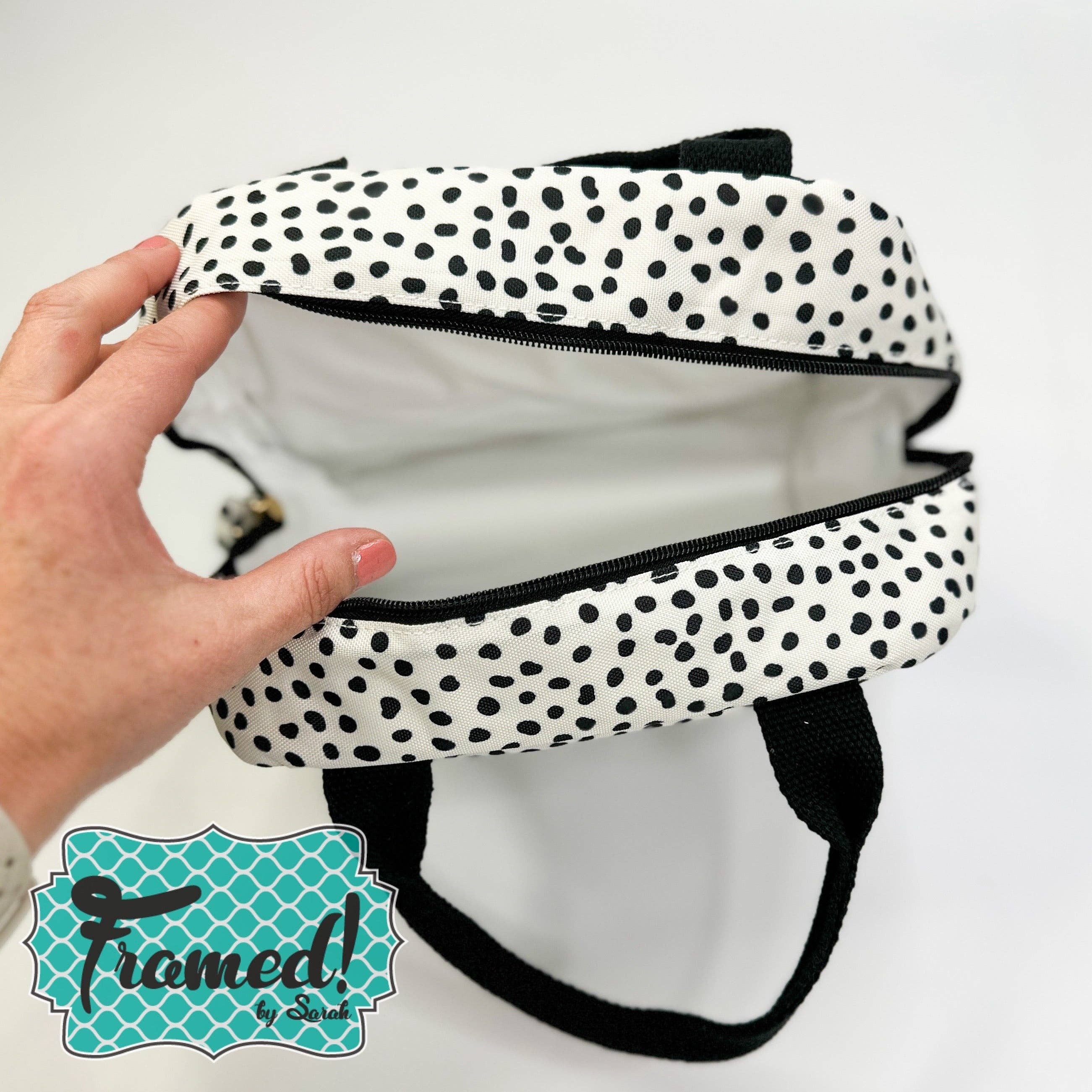 Framed By Sarah – wholesale Lunch bag/box – Black & White Spotted Insulated Lunch Tote1