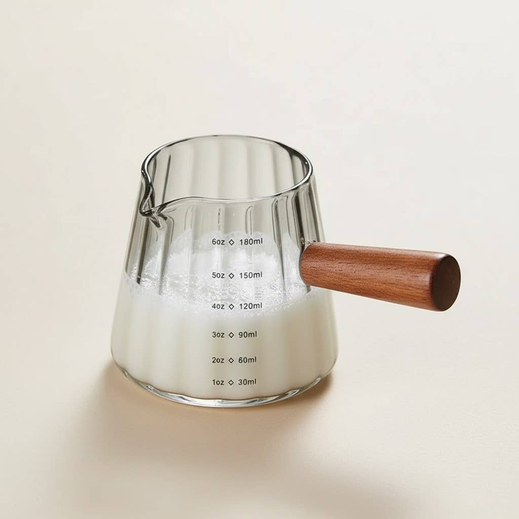 Kiyo Home - Wholesale Measuring Cup - Milk Froth Glass | Borosilicate Glass Cup with Wooden Handle0