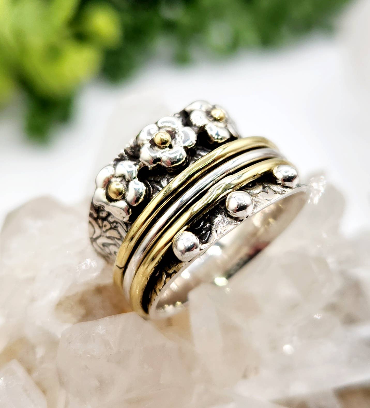 Meraki Gemstones - Wholesale Band/Stacked Ring - SPINNER RING-Sterling Silver/925 and Brass w/Tiny Flowers2
