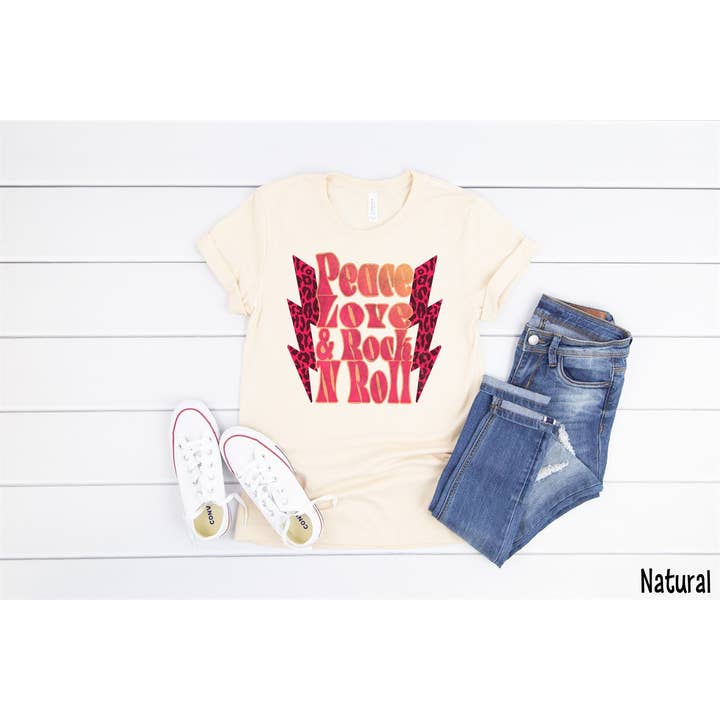 T-shirt naturel Peace Love Rock and Roll pour la vente par Simply Tees