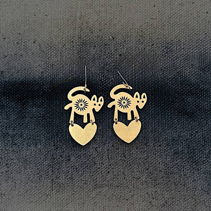 Brass Fox Heart Earrings, Love Symbol Jewelry, Handmade for wholesale by Gulushu