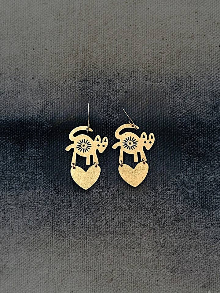 Brass Fox Heart Earrings, Love Symbol Jewelry, Handmade for wholesale by Gulushu