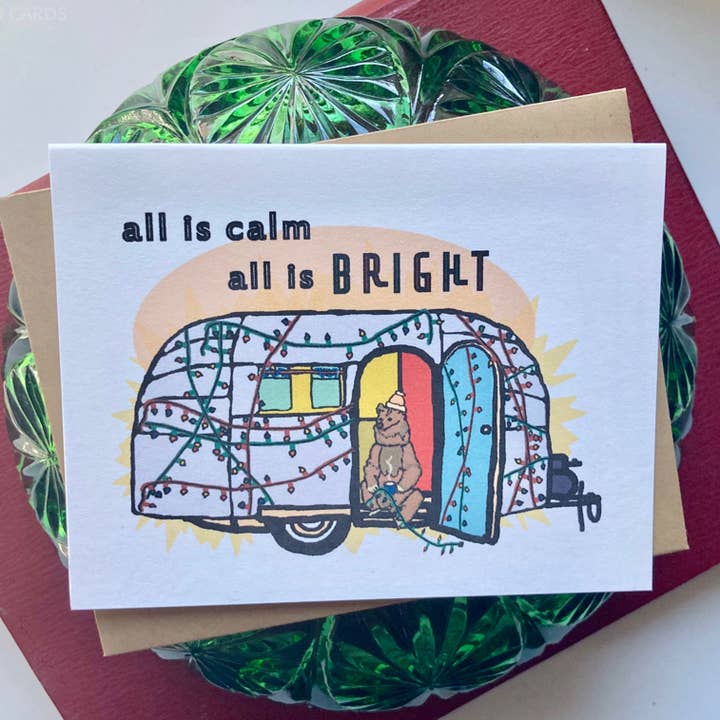 "All is Bright" Camping Bear Holiday Card for wholesale by HEI LO CARDS