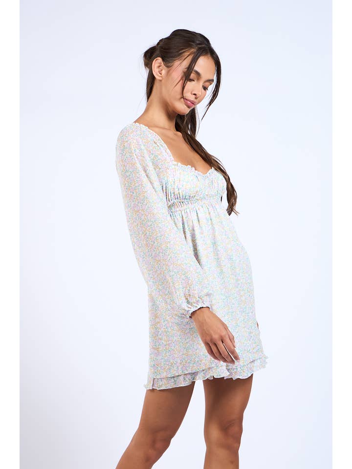 Lovely Bae DITSY FLORAL LONG SLEEVE RUFFLE TRIM MINI DRESS for wholesale on Faire8