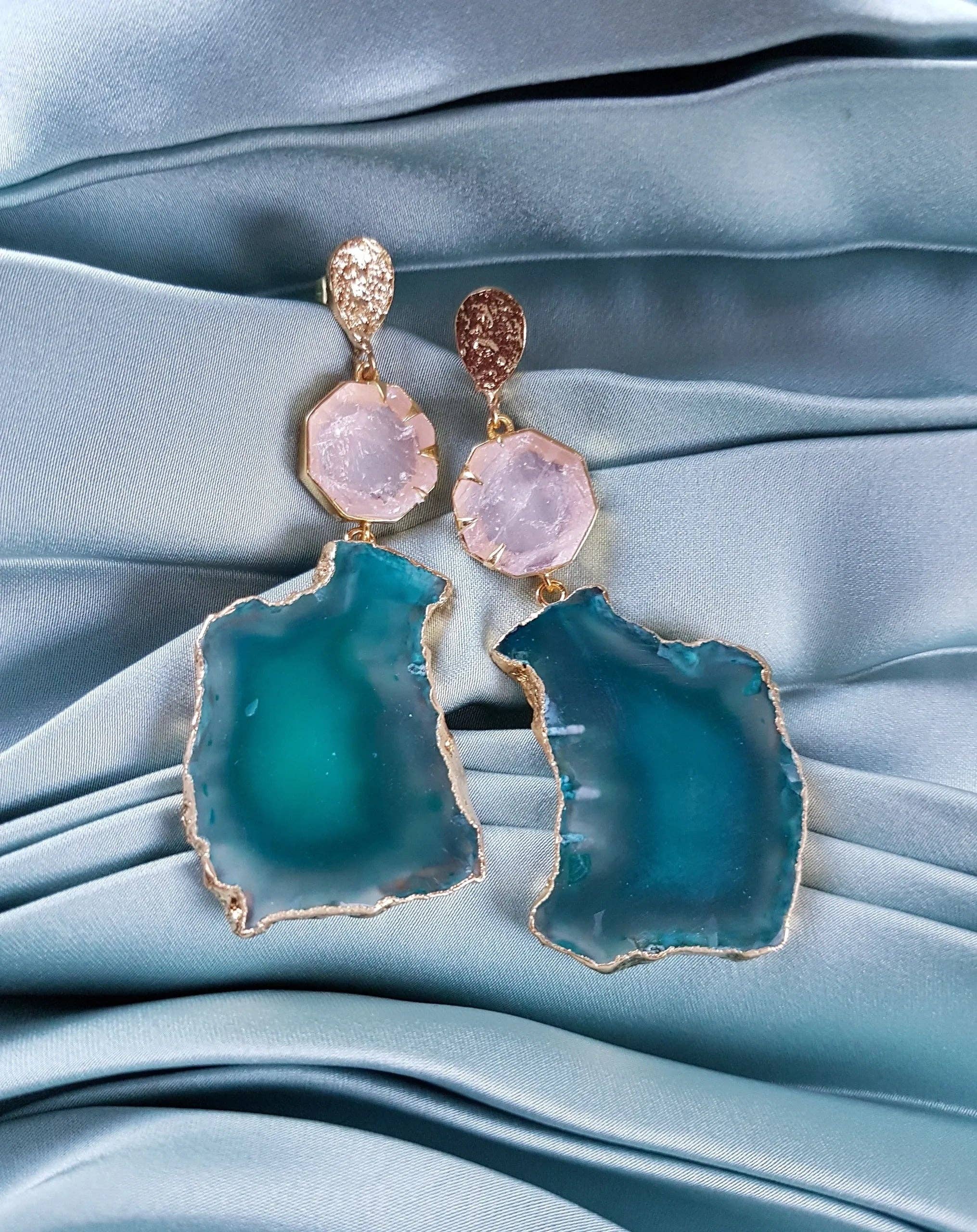 YAA YAA LONDON - Wholesale Dangle Earrings - YAA YAA LONDON 'Hold on' Rose Quartz Gemstone Statement Earrings - Green1