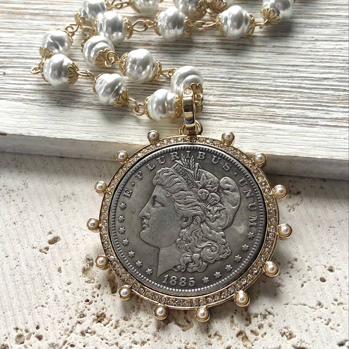 VB&CO Designs Handmade Jewelry - Wholesale Pendant/Charm Necklace - Morgan dollar coin necklace vintage pearl chain