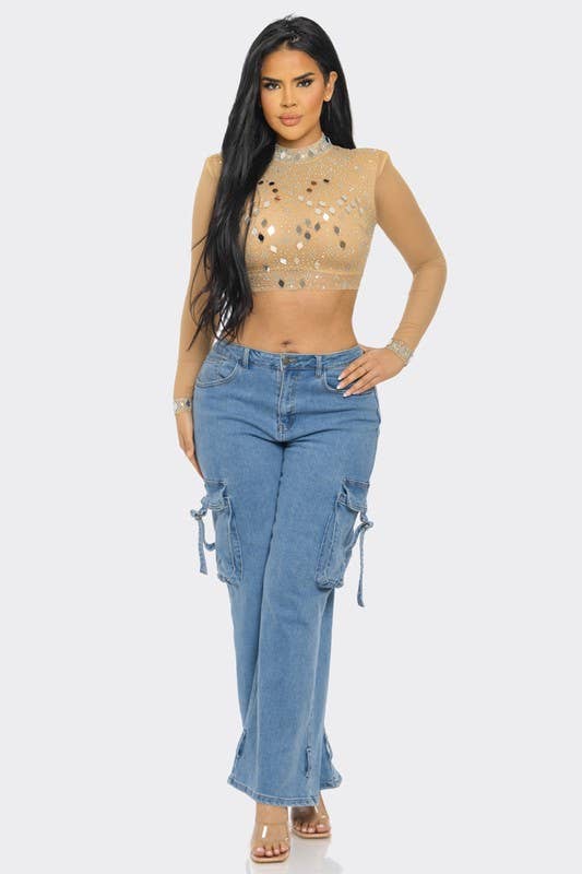 BANJUL - Vendita all'ingrosso Camicetta - Donna - BTS12881   Top Corto a Rete con Strass a Specchio Lucido4