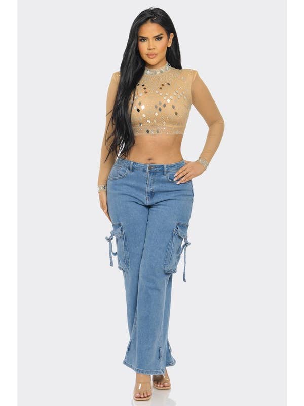 BANJUL - Vendita all'ingrosso Camicetta - Donna - BTS12881 Top Corto a Rete con Strass a Specchio Lucido4