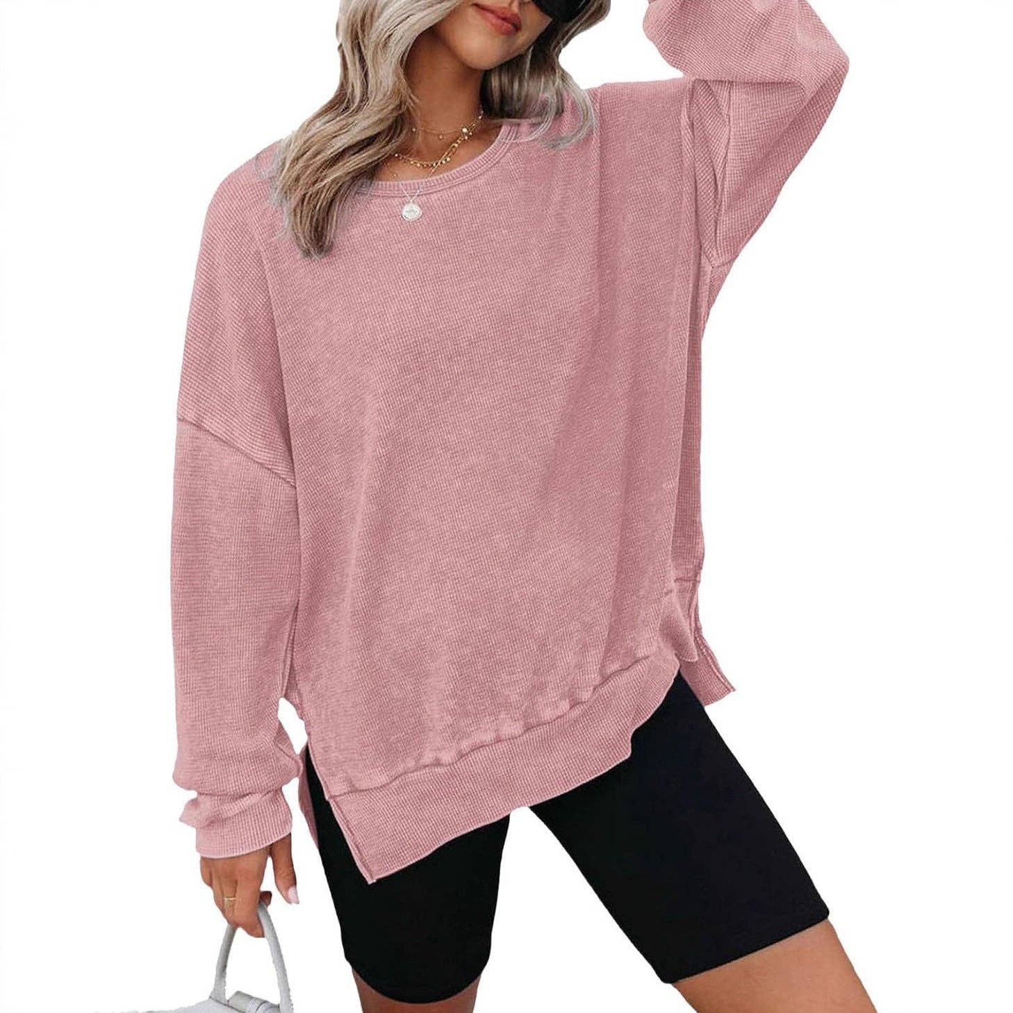 Masyal - Wholesale Sweatshirt - Women's - Autumn Round Neck Long Sleeve Waffle Sweatshirt T-Shirt3
