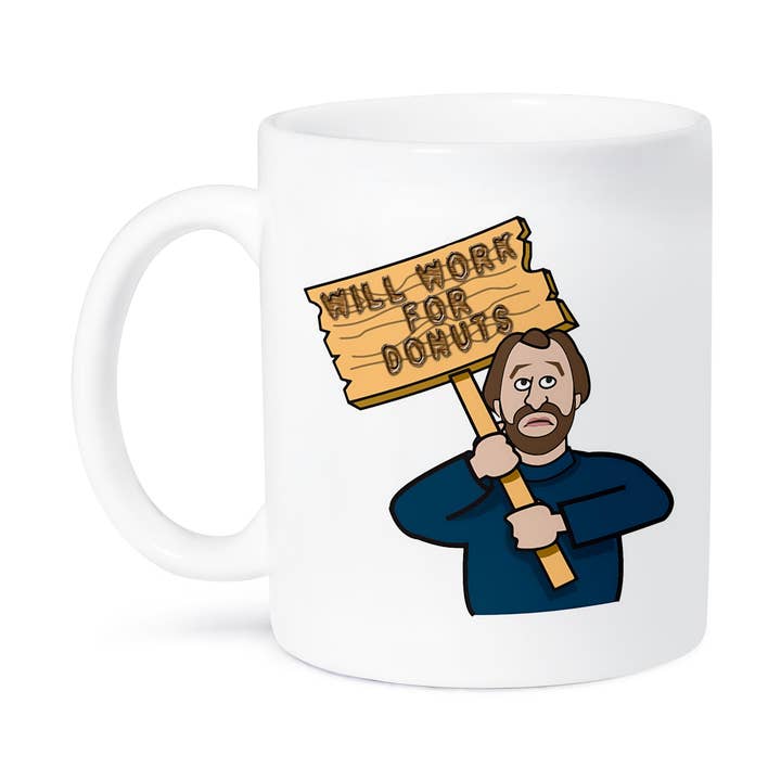 3dRose, Funny Humorous Man Guy With A Sign Will Work For Donuts, Mug for wholesale by 3dRose