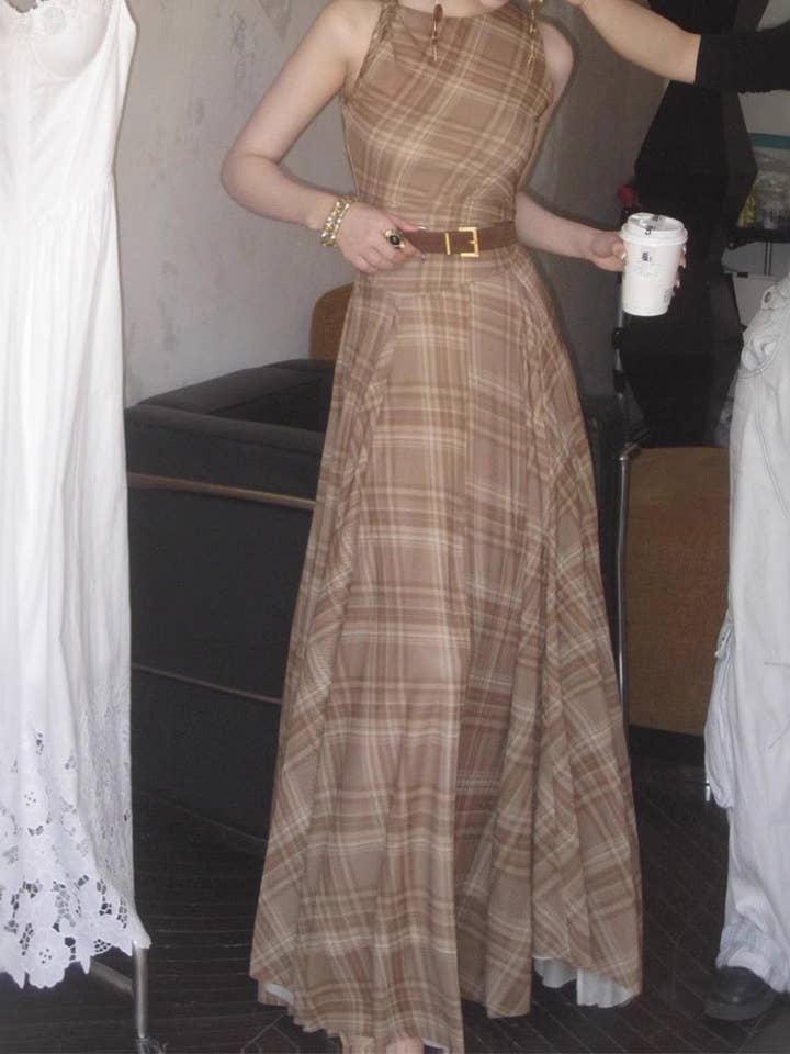 Khaki Brown Plaid Modern Love Retro French Chic Sleeveless Maxi Dress for wholesale on Faire1