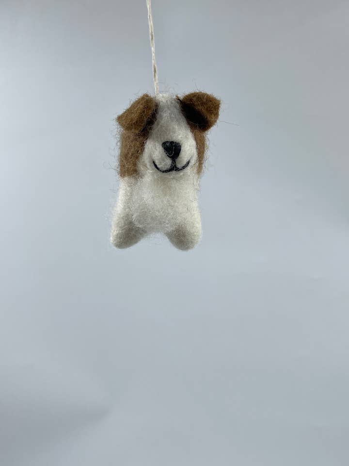 Handmade Cute Felt White and Brown mix Dog Keyring for wholesale by Funky Yak Ltd