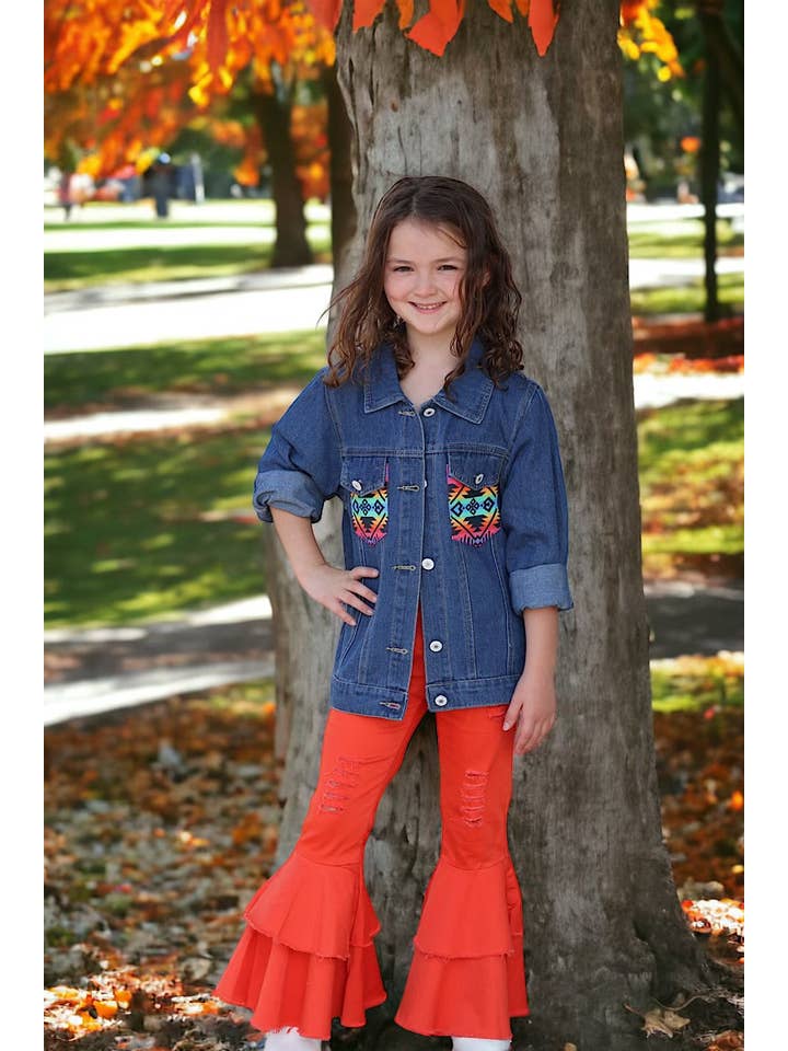 Kids Charm Online - Wholesale Denim Jacket - Kids - Dark Blue denim jacket w/aztec printed pocket & back. TPG65153053-WEN