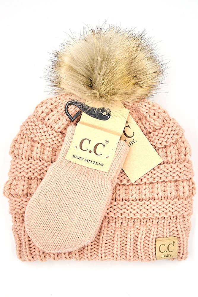 Hana - Wholesale Beanie - Kids - C.C Baby Solid Ribbed Pom Beanie and Mitten Glove2