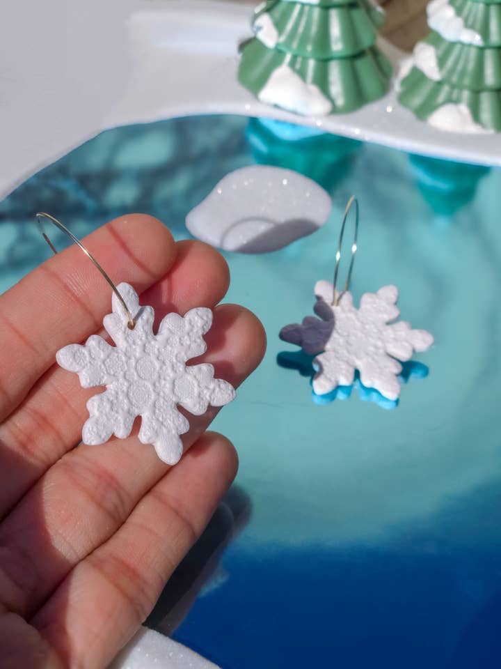 Snowflake Hoops | Winter | Christmas | Polymer Clay Earrings for wholesale by Ivy Lane Clay Co.