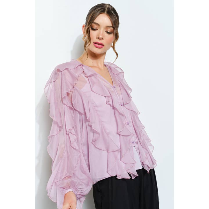 Layered Ruffle Sheer Chiffon Button-Up Blouse for wholesale by INA