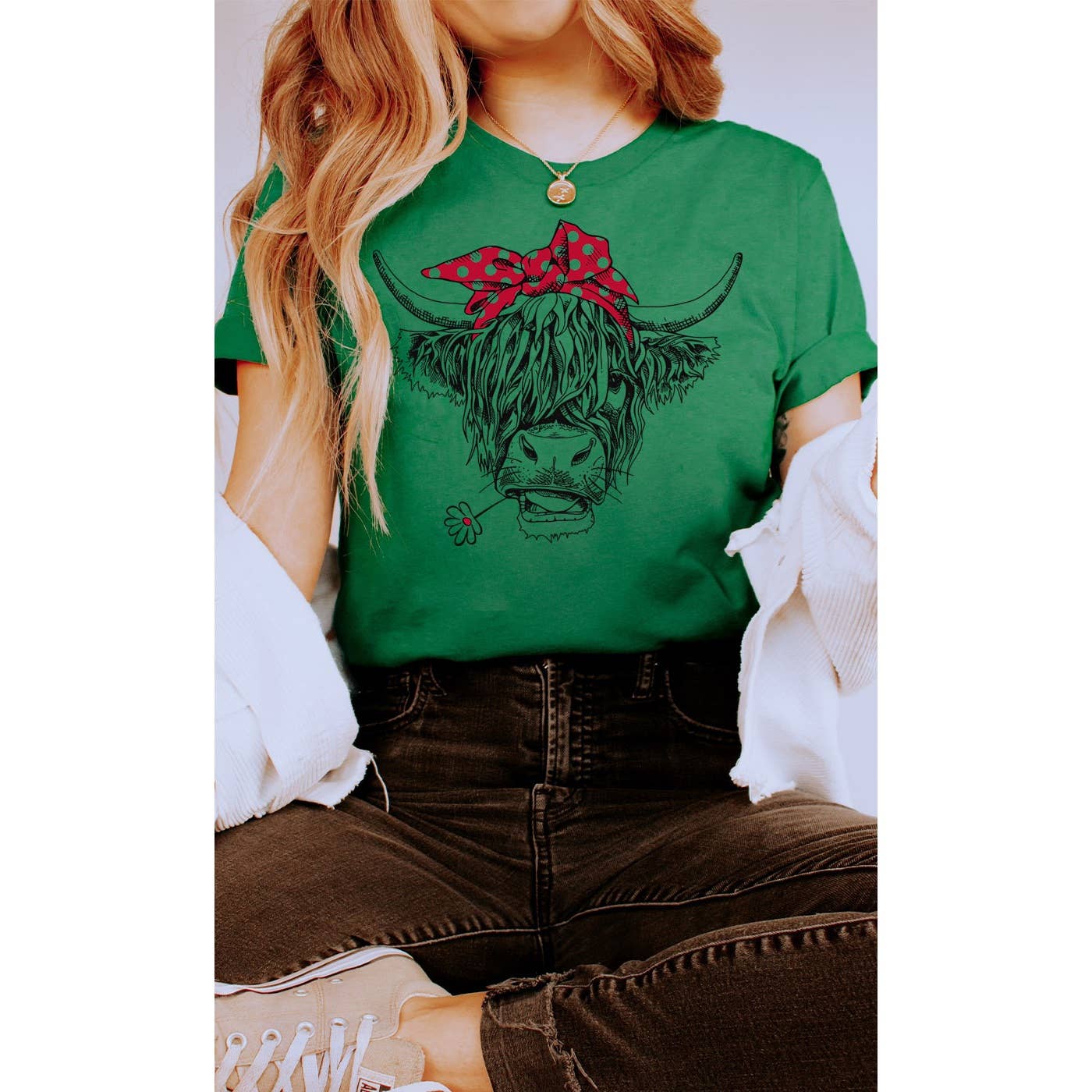 Kissed Apparel - Wholesale Screen Printed T-Shirt - Women's - Highland Cow Red Bandana Farm Country Western Graphic Tee3