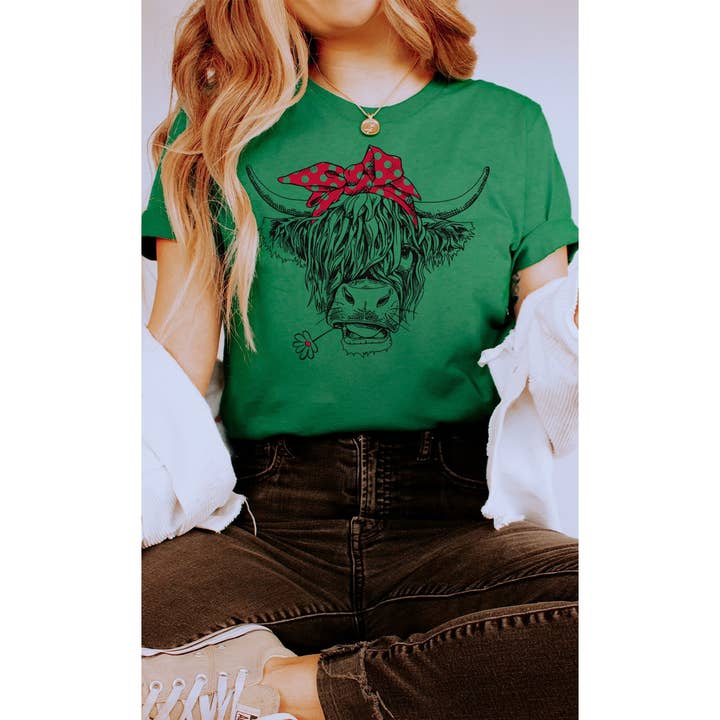 Kissed Apparel - Wholesale Screen Printed T-Shirt - Women's - Highland Cow Red Bandana Farm Country Western Graphic Tee3