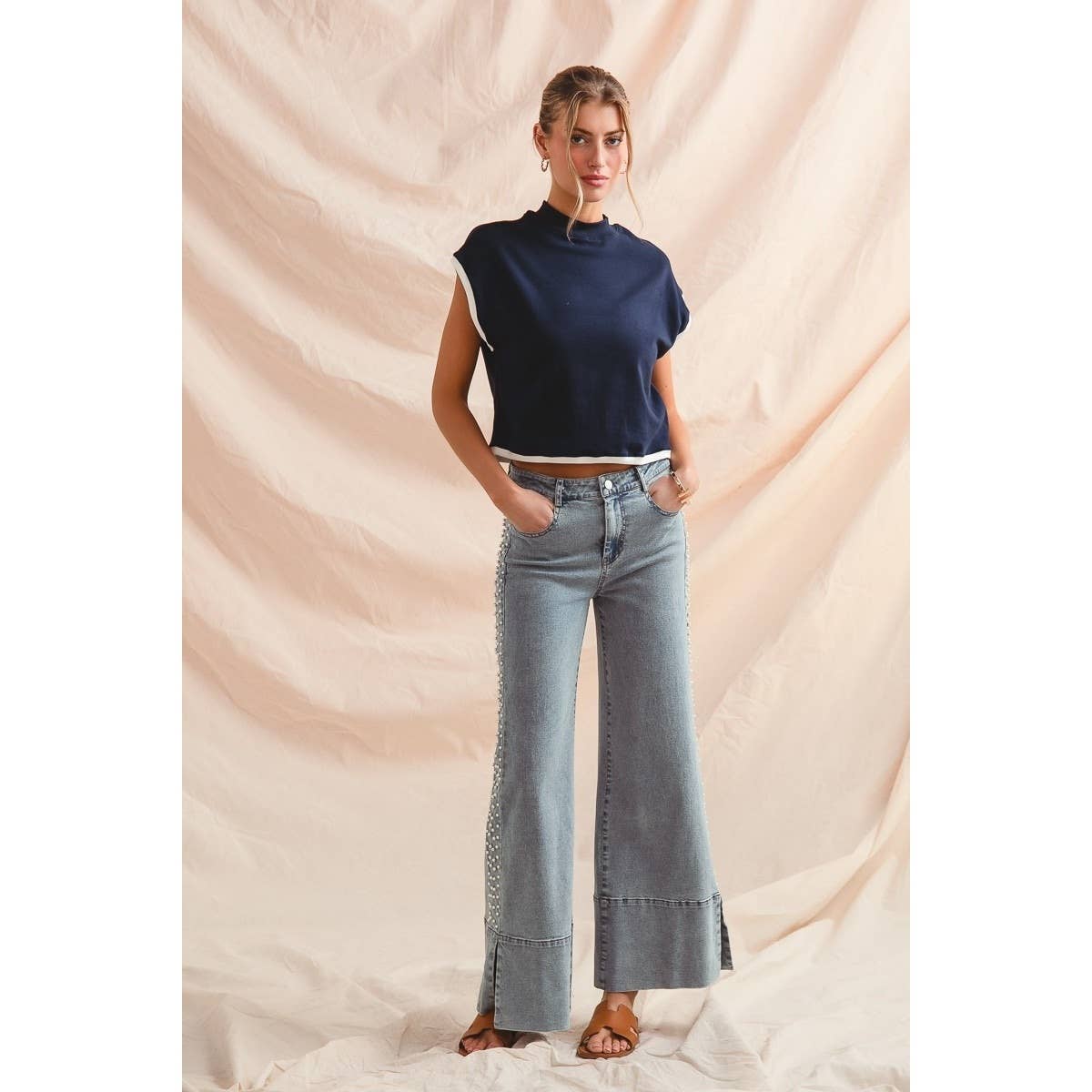 IVE - Wholesale Pants - Women's - Mid Rise Flare Bottom Denim Jeans With Side Pearl2
