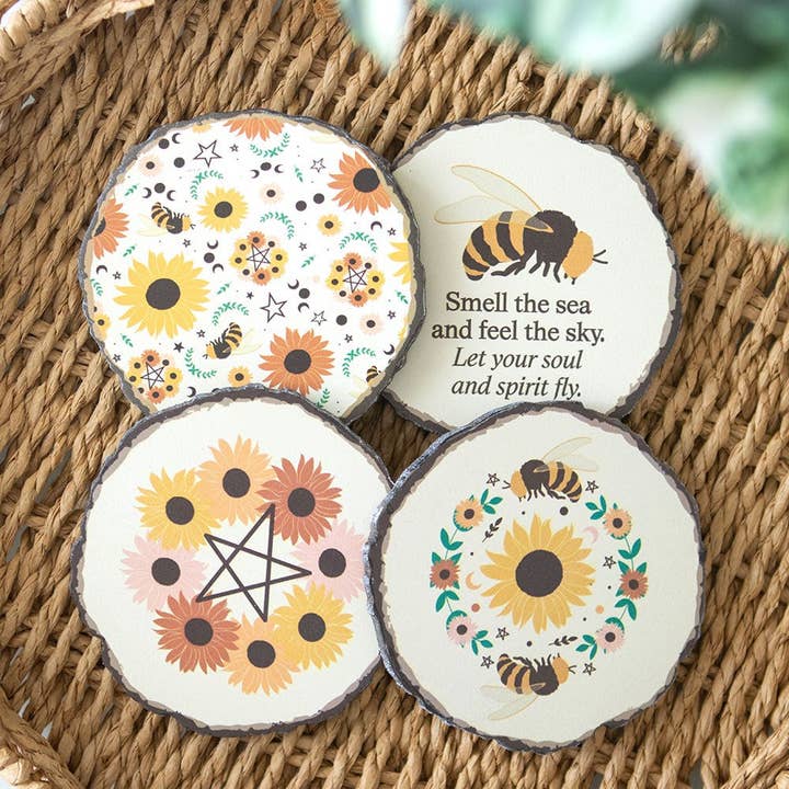 Something Different Wholesale – wholesale Coasters – Bee Radiant Wood Slice Effect Coaster Set